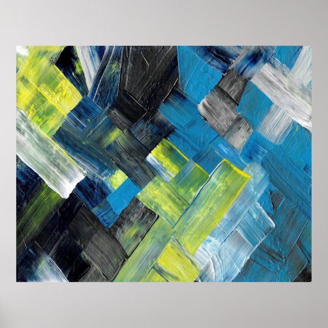 Blue and Yellow Abstract Brushstroke Geometric Poster (Front)