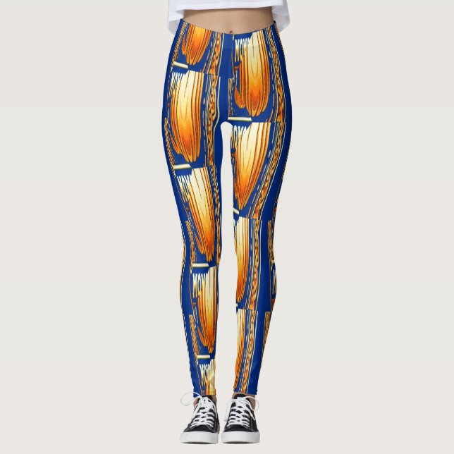 blue and yellow abstract watercolor pattern art leggings (Front)