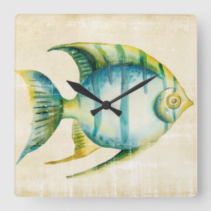 Blue and Yellow Aquarium Fish Square Wall Clock