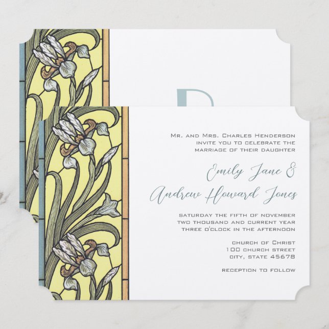 Blue and Yellow Art Deco Iris Wedding Invitation (Front/Back)