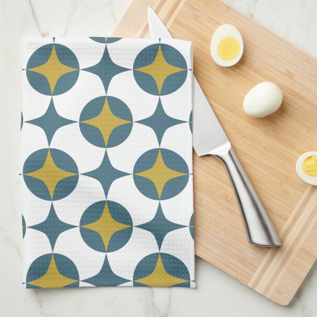Blue And Yellow Atomic Star Mid Century Tea Towel (Quarter Fold)