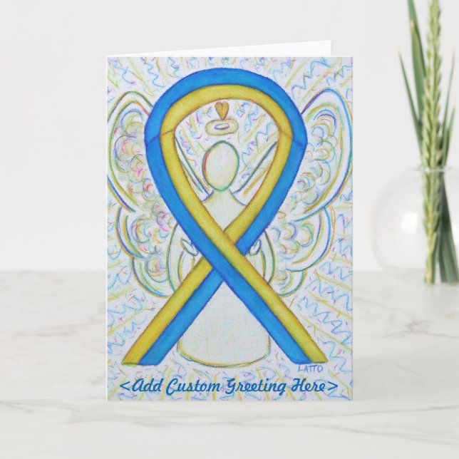 Blue and Yellow Awareness Ribbon Angel Custom Card (Front)