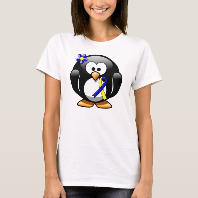 Blue and Yellow Awareness Ribbon Penguin T-Shirt (Front)
