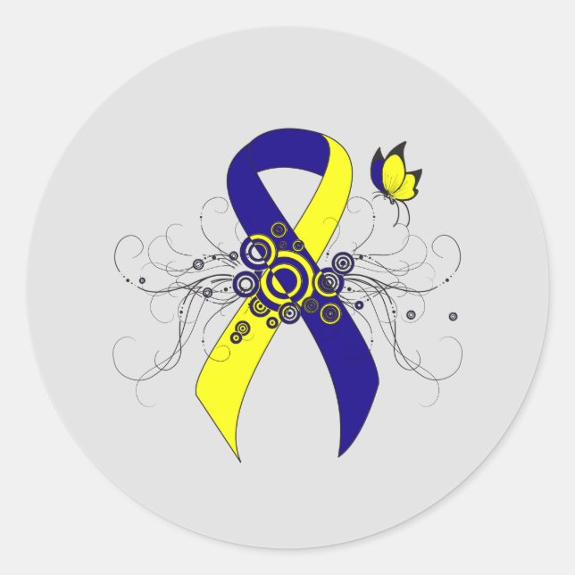 Blue and Yellow Awareness Ribbon with Butterfly Classic Round Sticker (Front)