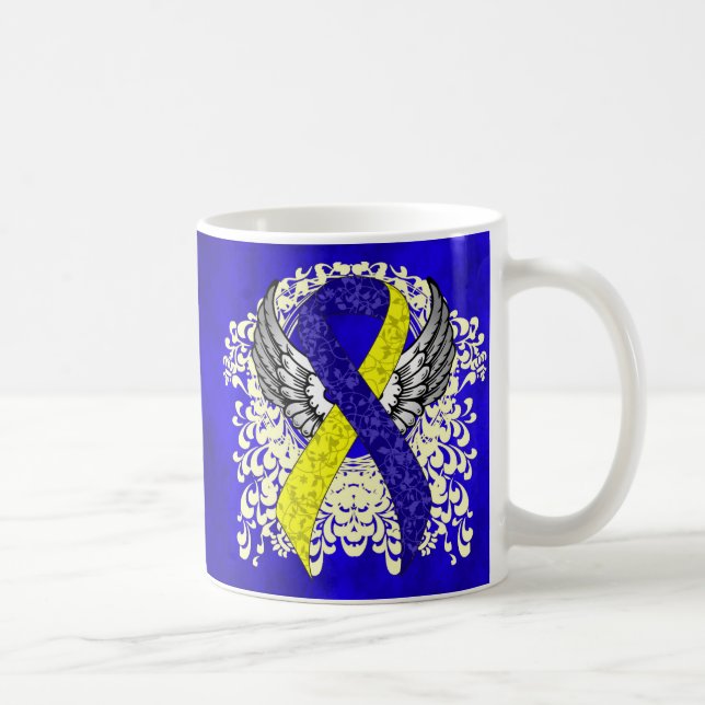 Blue and Yellow Awareness Ribbon with Wings Coffee Mug (Right)