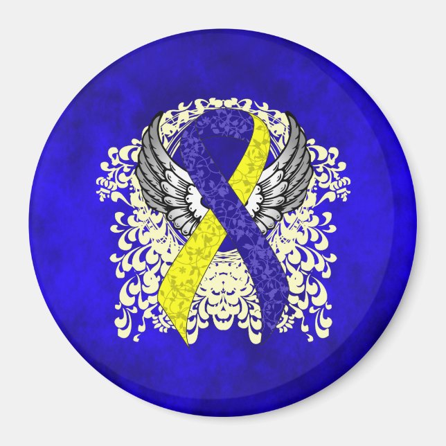 Blue and Yellow Awareness Ribbon with Wings Magnet (Front)