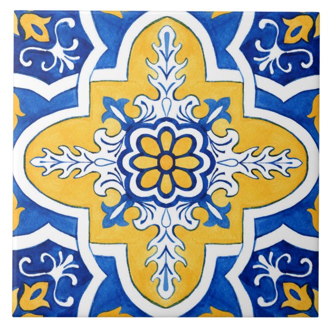 Blue and Yellow Azulejo Style Ceramic Tile. Ceramic Tile (Front)