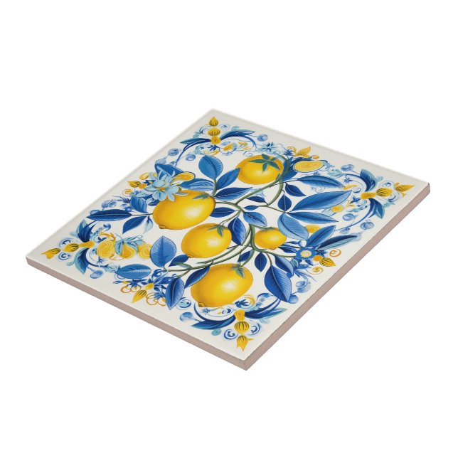  💛💙 Blue and yellow Azulejos with lemons Ceramic Tile (Side)