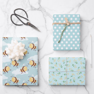Blue and Yellow Bee and Honeycomb Wrapping Paper S