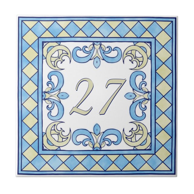 Blue and Yellow Big House Number Ceramic Tile (Front)