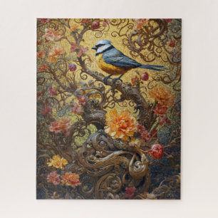 Blue and yellow bird on floral golden vines jigsaw puzzle