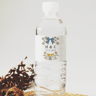 Blue and Yellow Bows Blossom Wedding Monogram Water Bottle Label