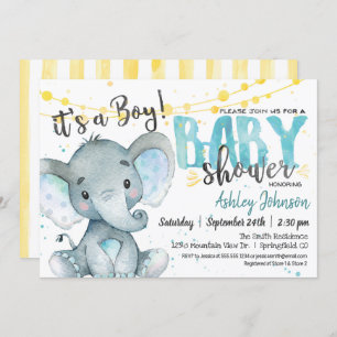 Blue and Yellow Boy Elephan Baby Shower Invitation