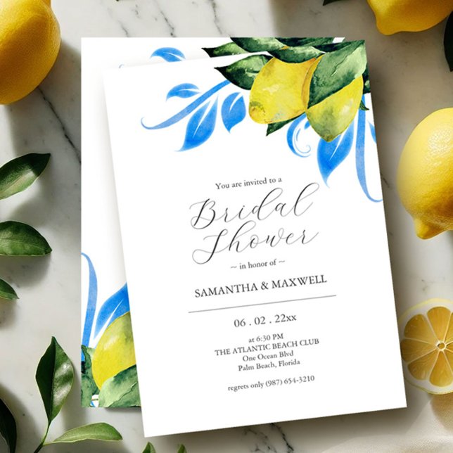 Blue and Yellow Bridal Shower Invitations (Bridal shower invitations watercolor lemons by Victoria Grigaliunas of Do Tell A Belle)