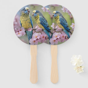 Blue And Yellow Budgies In Blossom Tree, Hand Fan