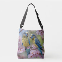 Blue And Yellow Budgies In Pink Blossom Tree,