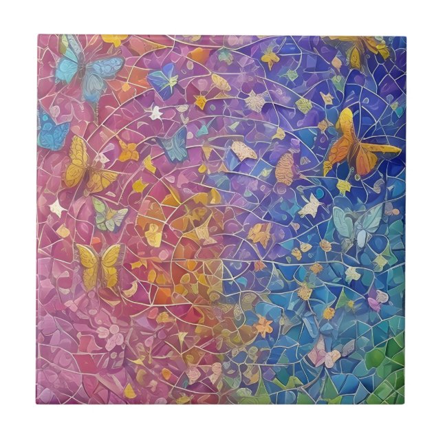 Blue and Yellow Butterflies Pretty Colourful Mosai Ceramic Tile (Front)