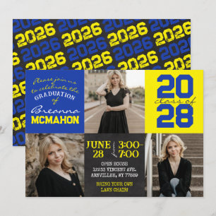 Blue and Yellow Chalkboard 3 Photo Graduation Invitation