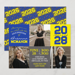 Blue and Yellow Chalkboard 3 Photo Graduation Invitation