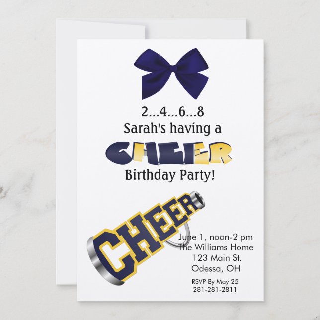 Blue and Yellow Cheer Megaphone Invitation (Front)