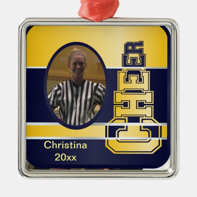 Blue and Yellow Cheerleading Photograph Ornament (Front)