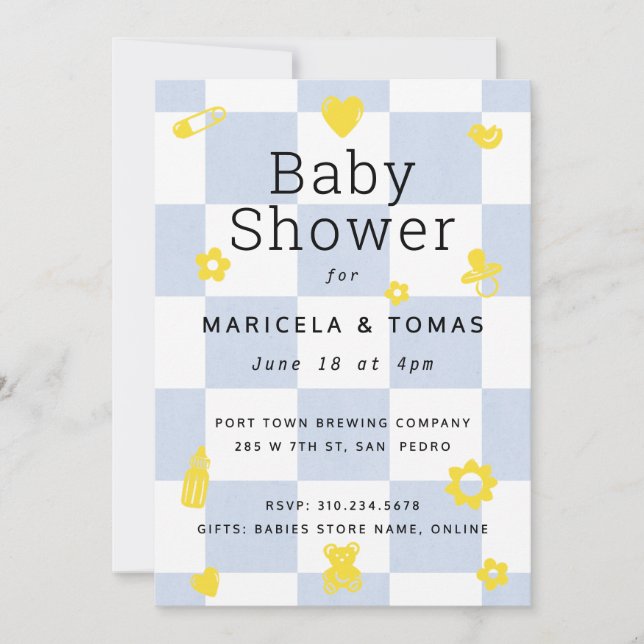 Blue and Yellow Chequered Baby Shower Invitation (Front)