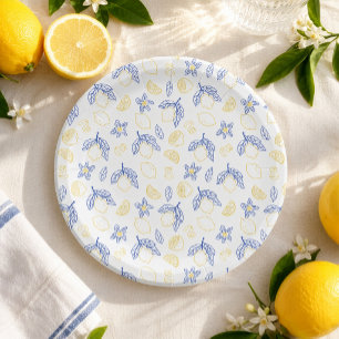 Blue and Yellow Citrus Lemon Pattern Paper Plate