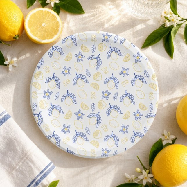 Blue and Yellow Citrus Lemon Pattern Paper Plate (Creator Uploaded)