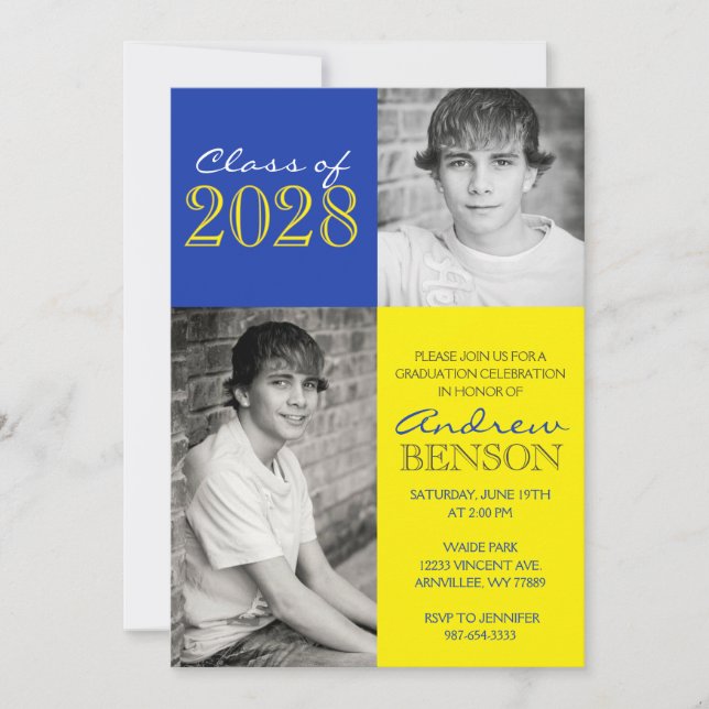 Blue and Yellow Classic 2 Photo Graduation Invitation (Front)