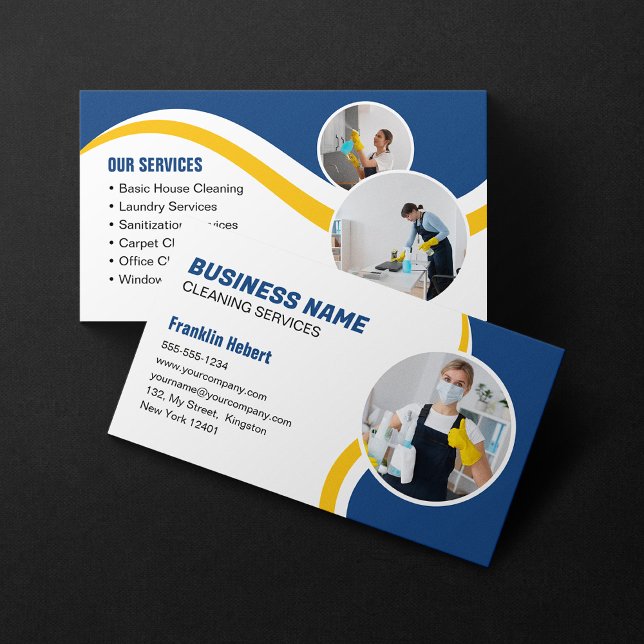 Blue and Yellow Cleaning Service Housekeeping Maid Business Card (Creator Uploaded)