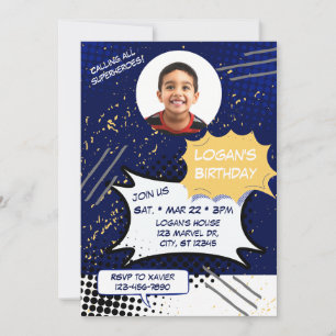 Blue and Yellow Comic Birthday with picture Invitation