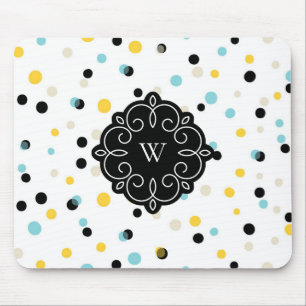 Blue and Yellow Confetti Dots Pattern Monogram Mouse Pad