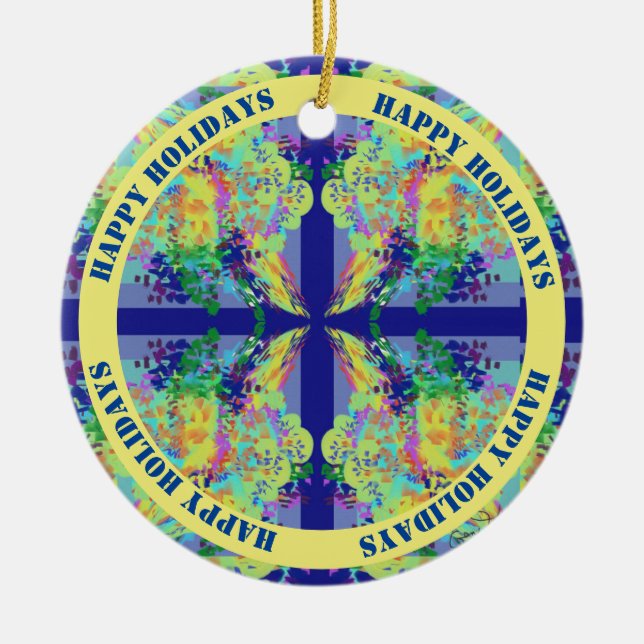 Blue and Yellow Cross Design - Customisable Text Ceramic Ornament (Front)