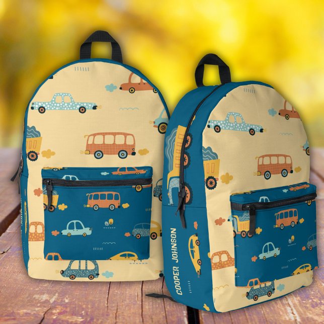 Blue and yellow custom car name boys backpack (Creator Uploaded)