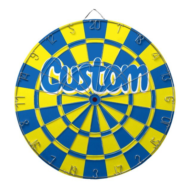 Blue and Yellow Customisable White Outlined Text Dartboard (Front)