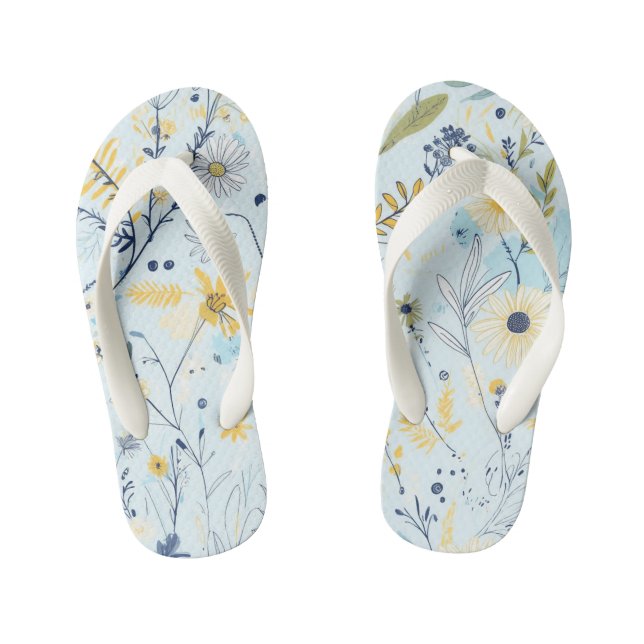 Blue and Yellow Daisy Pattern Kid's Thongs (Footbed)