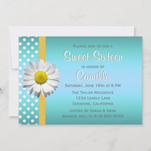 Blue and Yellow Daisy Sweet Sixteen Invitation (Front)