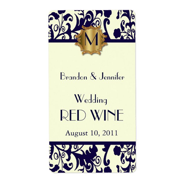 Blue and Yellow Damask Wedding Mini Wine Labels (Front)