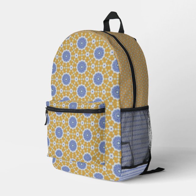 Blue and yellow design printed backpack (Back Corner Right)