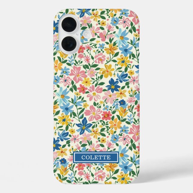 Blue and Yellow Ditsy Flowers Monogrammed Case-Mate iPhone Case (Back)
