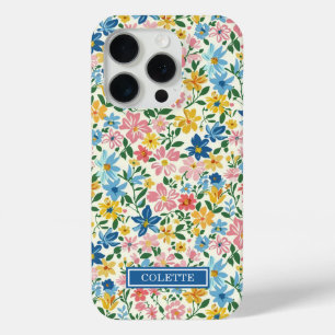 Blue and Yellow Ditsy Flowers Monogrammed iPhone 15 Pro Case