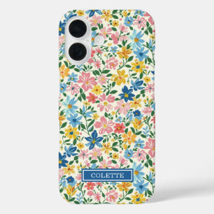 Blue and Yellow Ditsy Flowers Monogrammed iPhone 16 Case