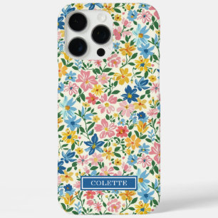 Blue and Yellow Ditsy Flowers Monogrammed iPhone 16 Pro Max Case