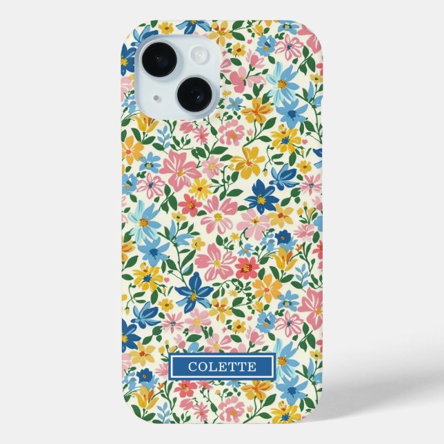 Blue and Yellow Ditsy Flowers Monogrammed Case-Mate iPhone Case (Back)