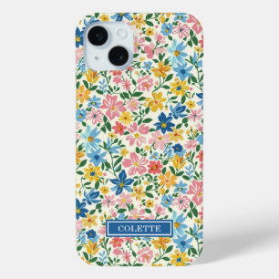 Blue and Yellow Ditsy Flowers Monogrammed iPhone 15 Mini Case