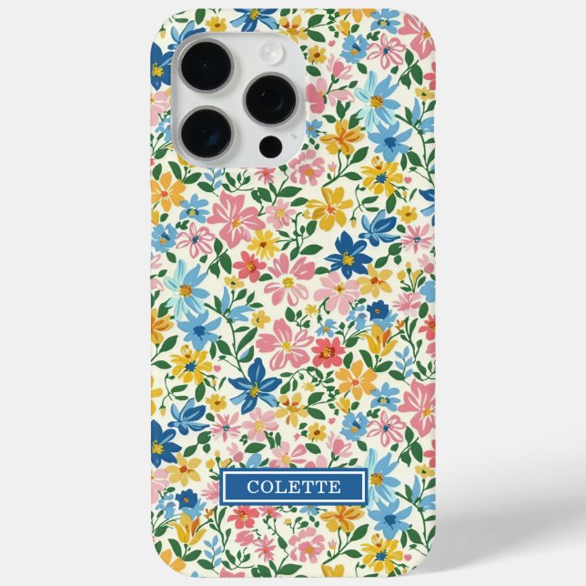 Blue and Yellow Ditsy Flowers Monogrammed Case-Mate iPhone Case (Back)