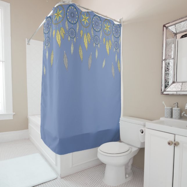 Blue and Yellow Dream Catchers Shower Curtain (In Situ)