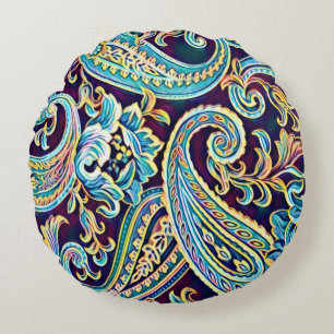 Blue and Yellow Dream Vintage Paisley Round Cushion