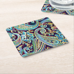 Blue and Yellow Dream Vintage Paisley Square Paper Coaster
