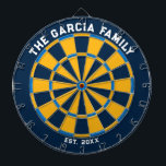 Blue and Yellow Family Dartboard with Darts<br><div class="desc">Blue and yellow dart board with two custom text areas. Great wedding gift!</div>